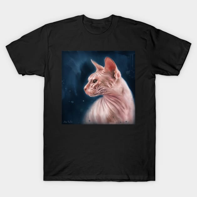 Contemporary Painting of a Hairless Pink Sphynx Cat on Dark Blue Background T-Shirt by ibadishi